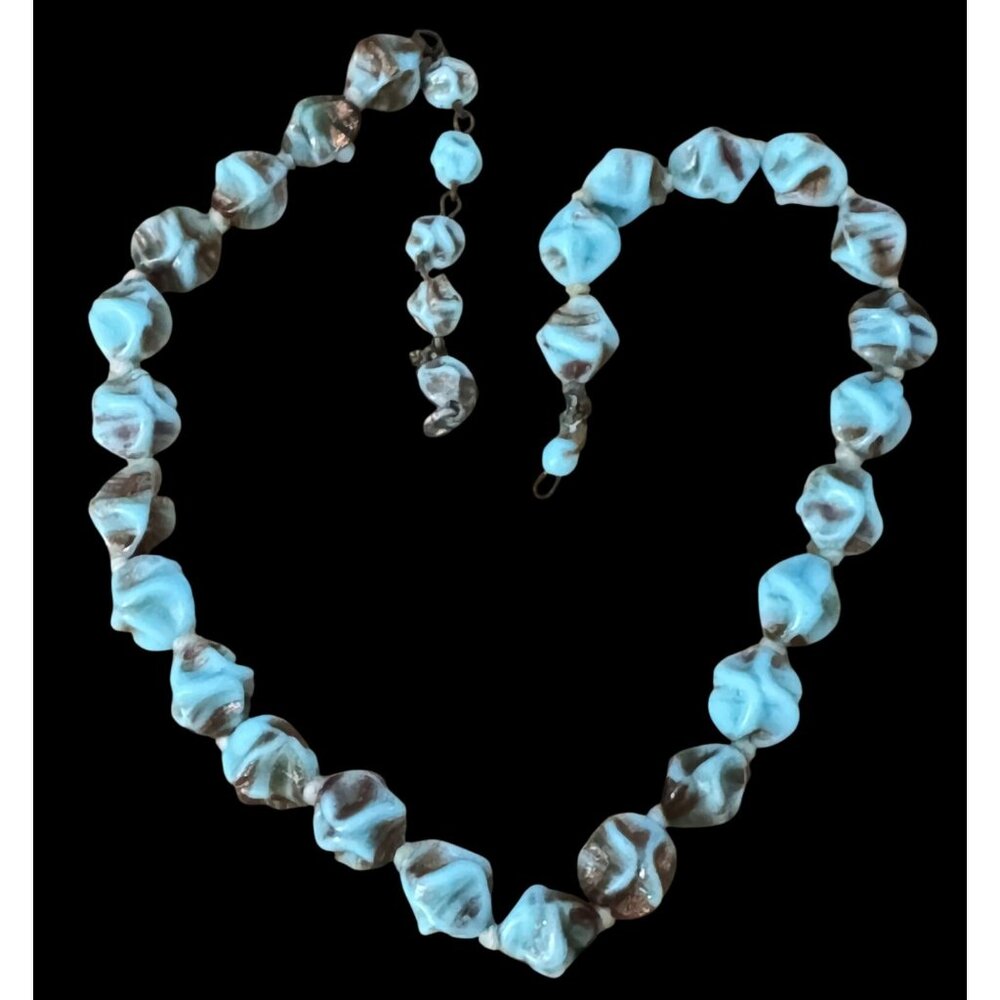 1950 Murano Glass Necklace Aventurine Gold Flecked Turquoise Nugget Beads 14.5" - Picture 2 of 7